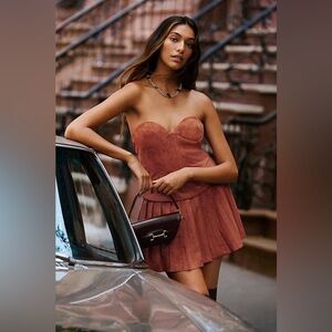 NWT Anthropologie Mare Mare Faux Suede Strapless Corset Pleated Mini Dress Sz S
